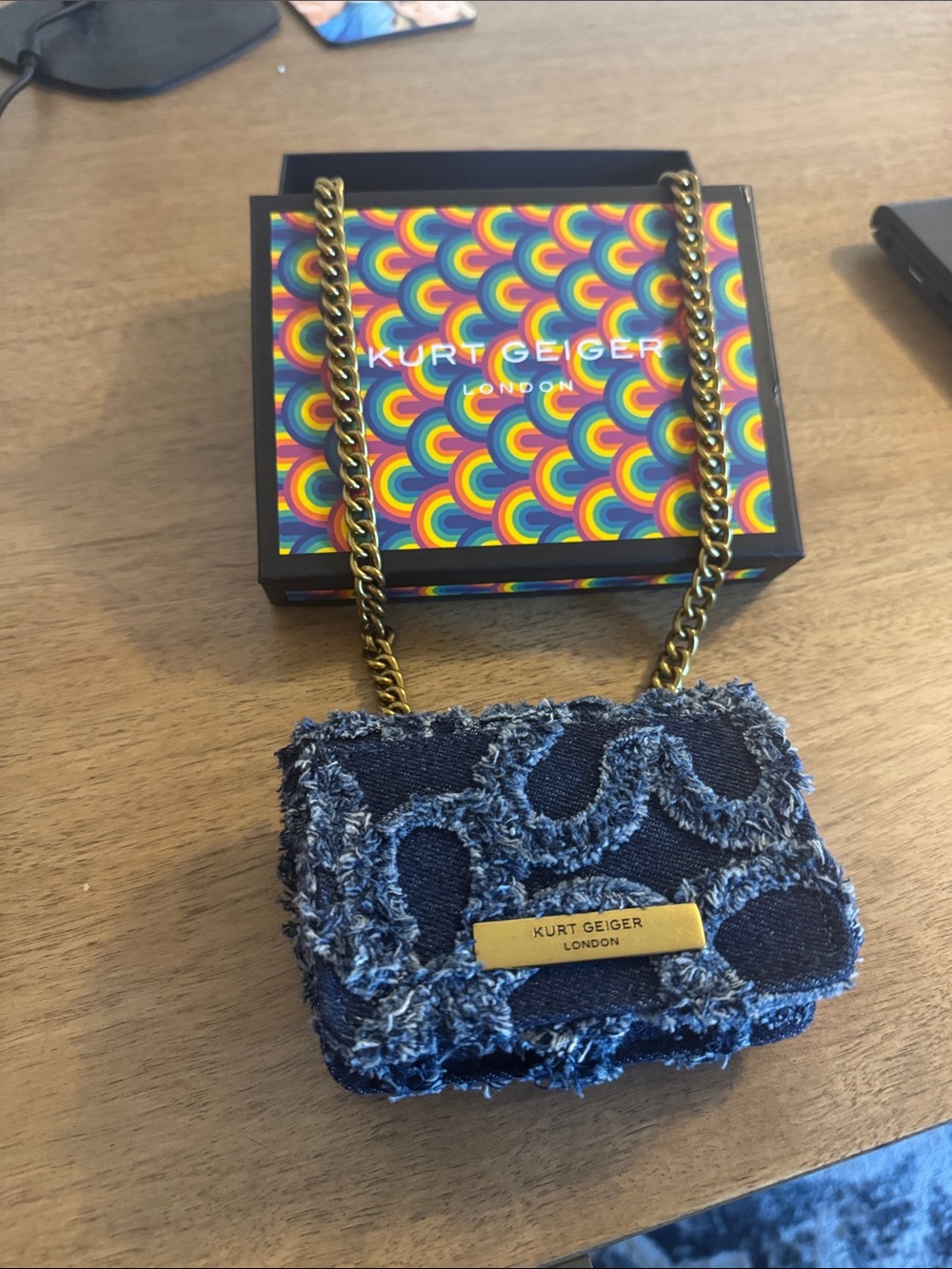 Kurt Geiger London Blue Denim Chain Crossbody Bag